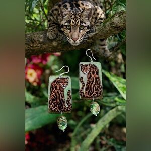 Hand painted clouded leopard earrings, sterling silver wires big cats rare OOAK